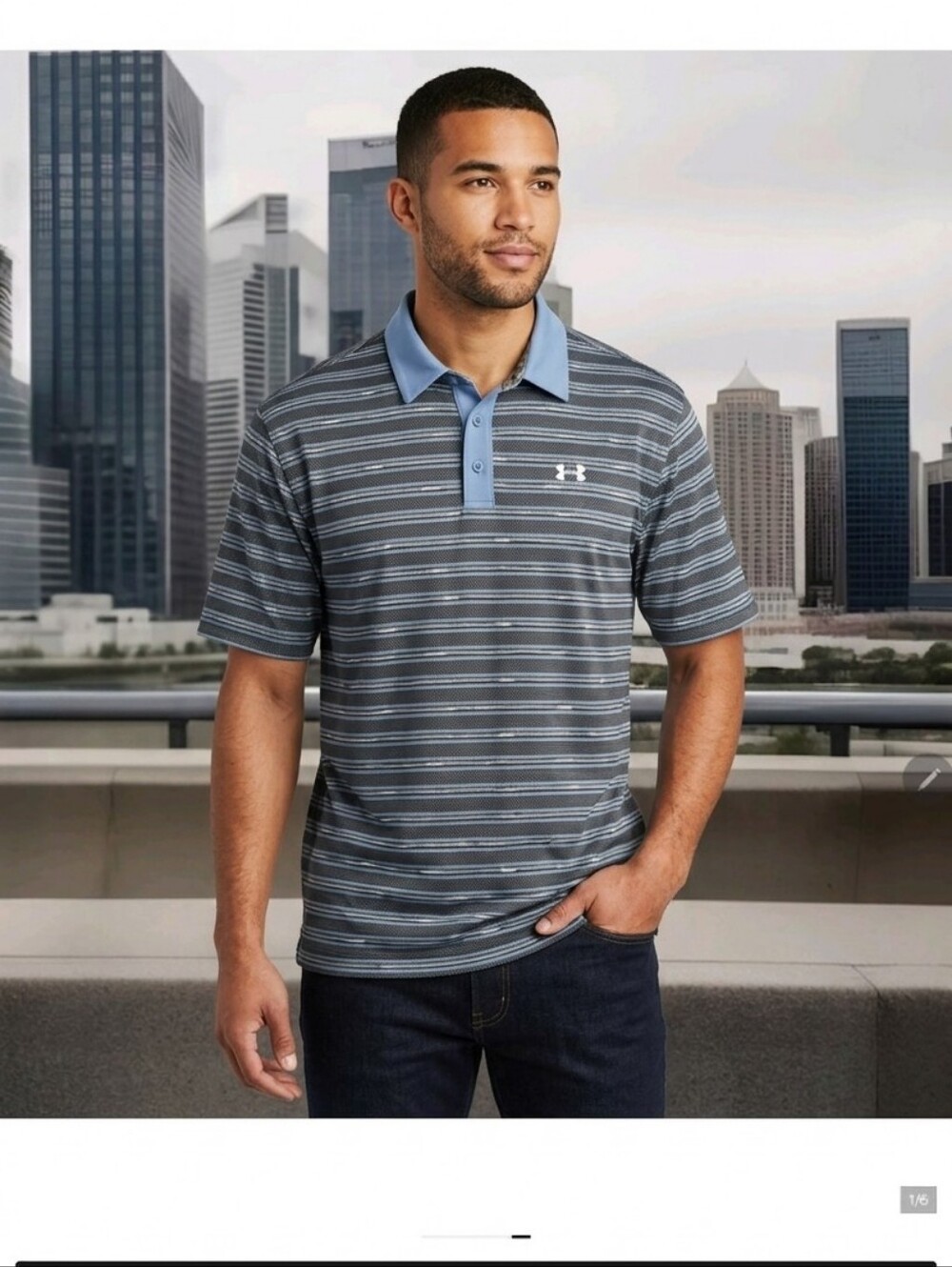 UNDER ARMOUR Polo Shirt Mens  Golf Striped Blue Gray * Size LG